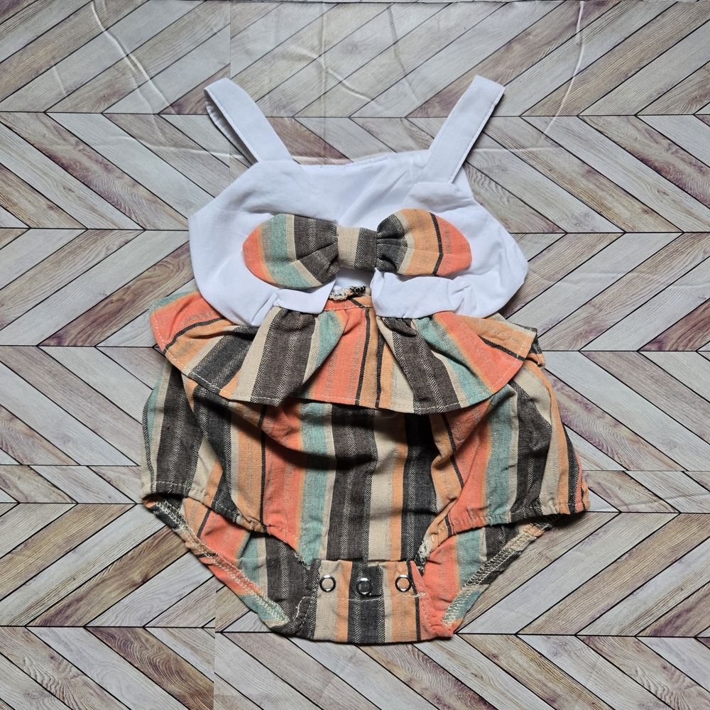 Baby Girl Boho Striped Romper Bodysuit Retro Orange & Teal Ruffle Bow Sunsuit